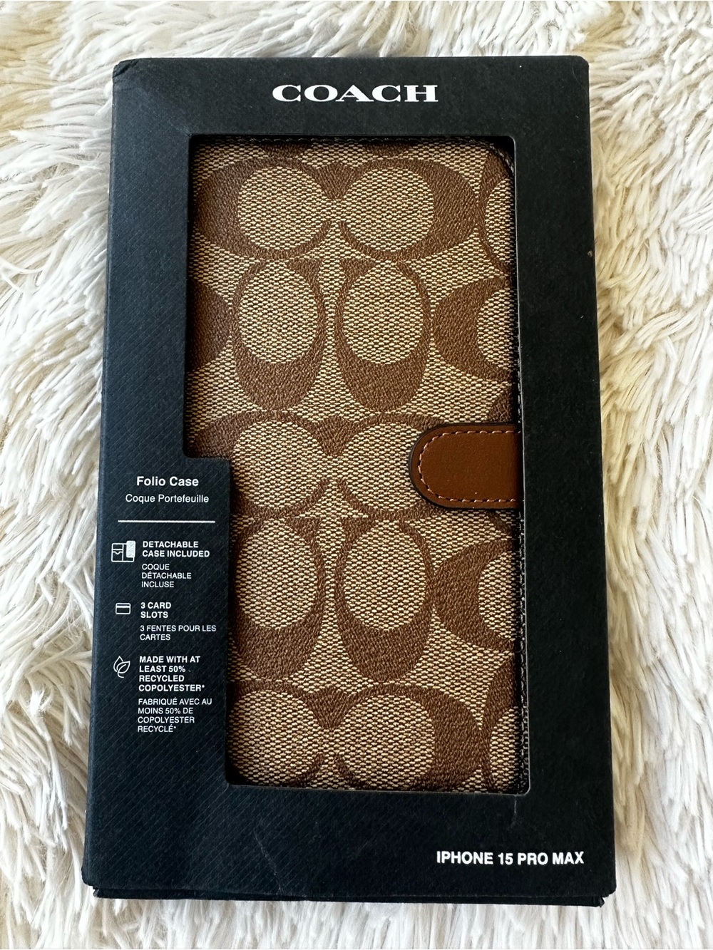 COACH Signature Canvas Khaki Brown iPhone 15 Pro Max Folio Wallet Case New in Bo